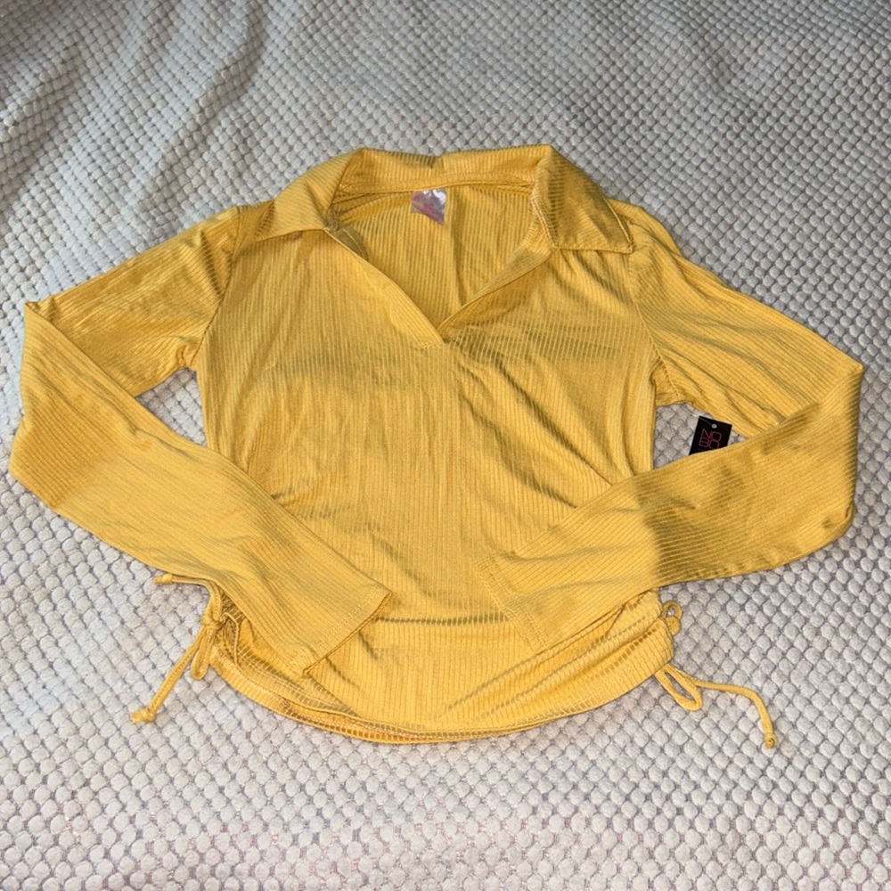 Ruched Rib Knit Johnny Collar Tee